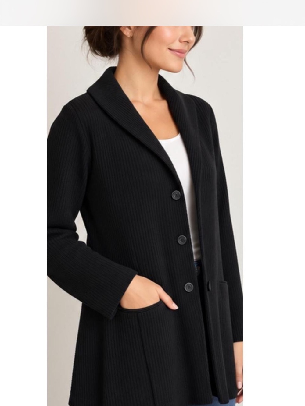 Eileen Fisher Black Ribbed Button-Front Cardigan Jacket